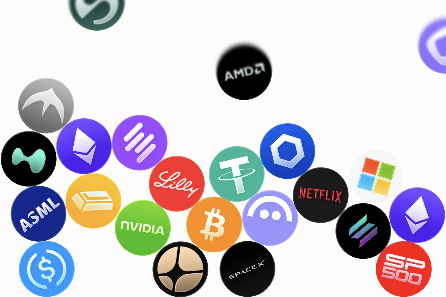 Illustrated stack of crypto, US stock, and commodity market tiles